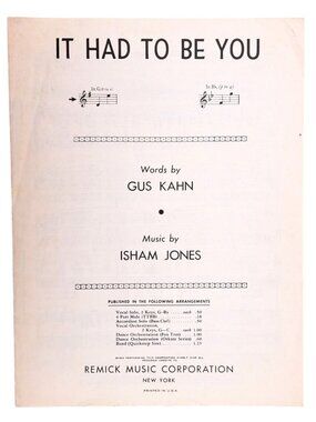 Vintage It Had To Be You Sheet Music Isham Jones Gus Kahn 1939 Sinatra Bennett